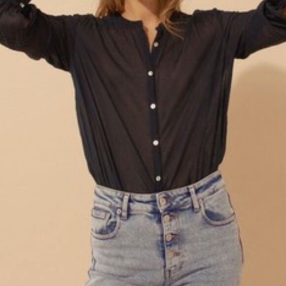 ba&sh Dark Blue Samy Round Neck Button Shirt navy - Picture 1 of 6
